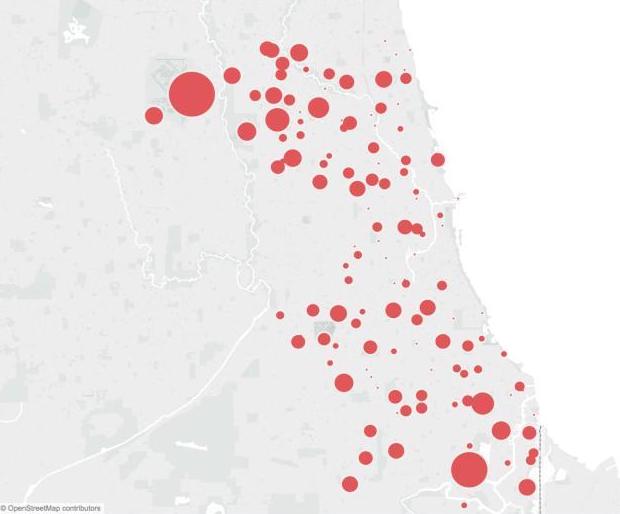 Map of Chicago with locations of West Nile Virus